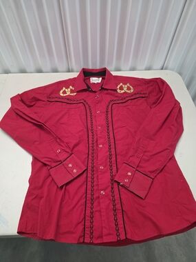 Ace of Diamond Mens Red Western Shirt Gold Spur Embroidery Pearl Snap Large